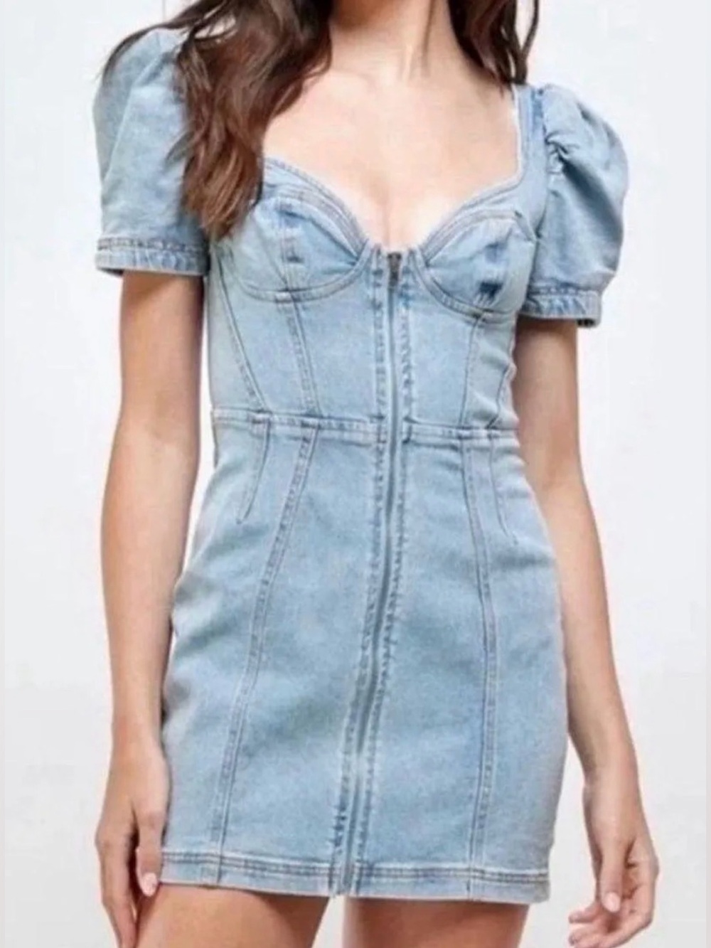 Denim Puff-Sleeve Mini Dress - Light Blue Medium | festival concert dress